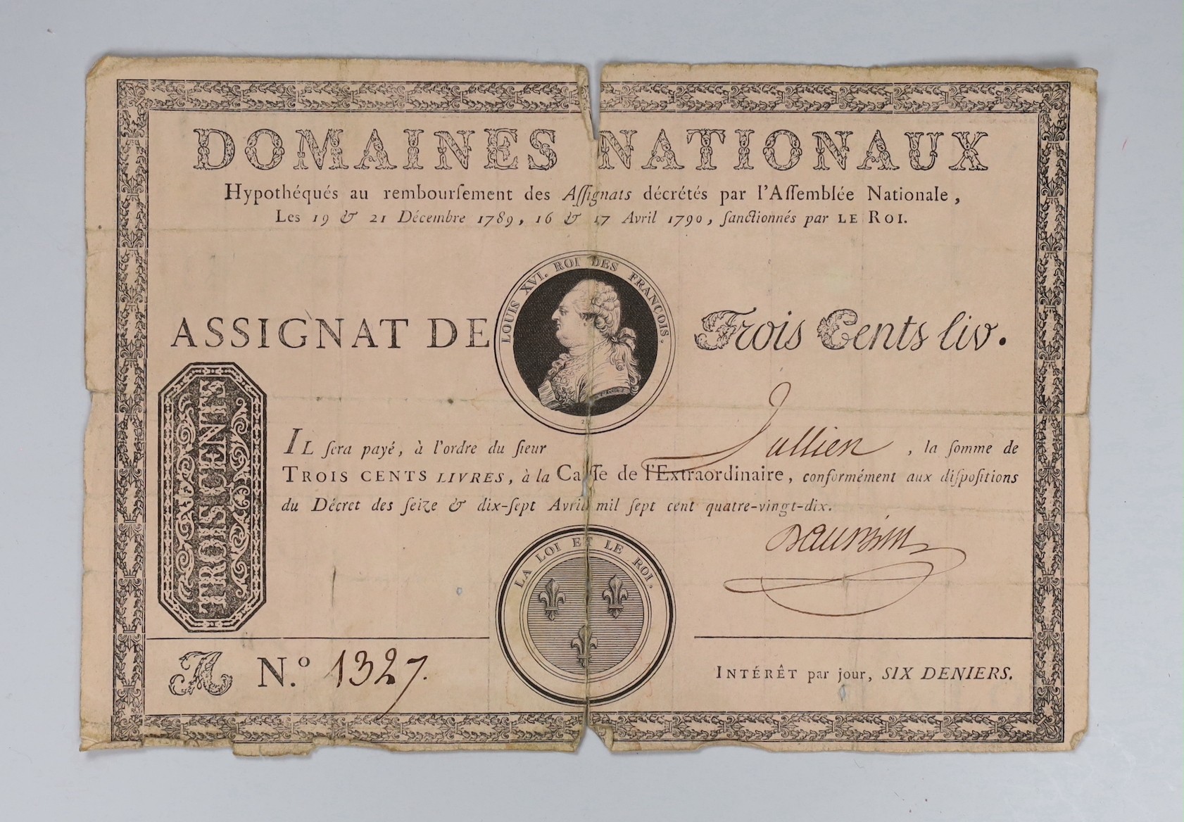 France Banknotes, Louis XVI, Domaines Nationaux, 300 Livres with coupons, 16 & 17 Avril 1790, No.1327, inscribed verso